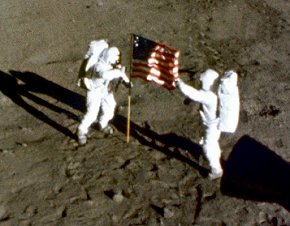 US flag on the moon. It looks like it's moving in the wind.
